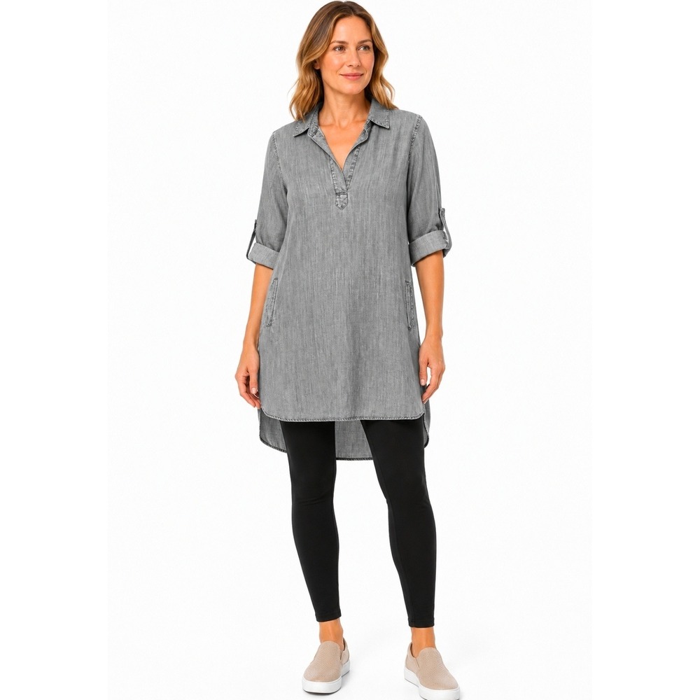 Joan Vass Womens S Gray Shirt Denim Feel Dress Short Tab Sleeve Pockets Casual